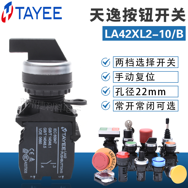 上海天逸TYAEE两档选择按钮开关 LA42XL2-10(01)二位自锁长柄旋钮