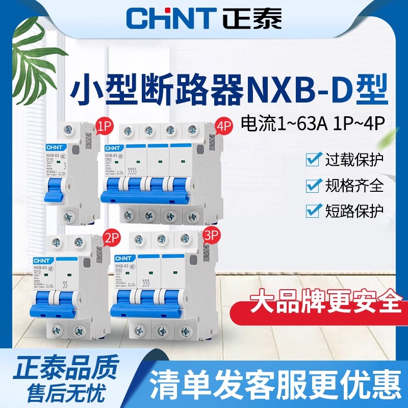 正泰D型空气开关NXB-63小型断路器1空开2单相3三相4P DZ47动力